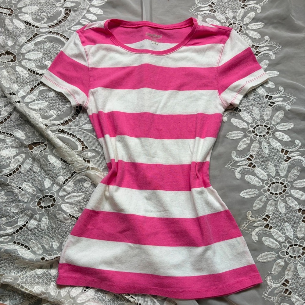 Y2K Playground Prep Cute Pink White Striped Short Sleeve  Tee Shirt Size M